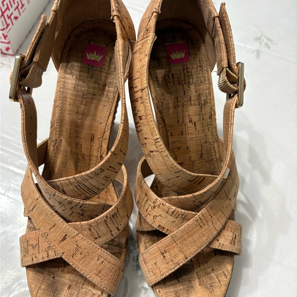 Elaine Turner Tan Cork Wedges